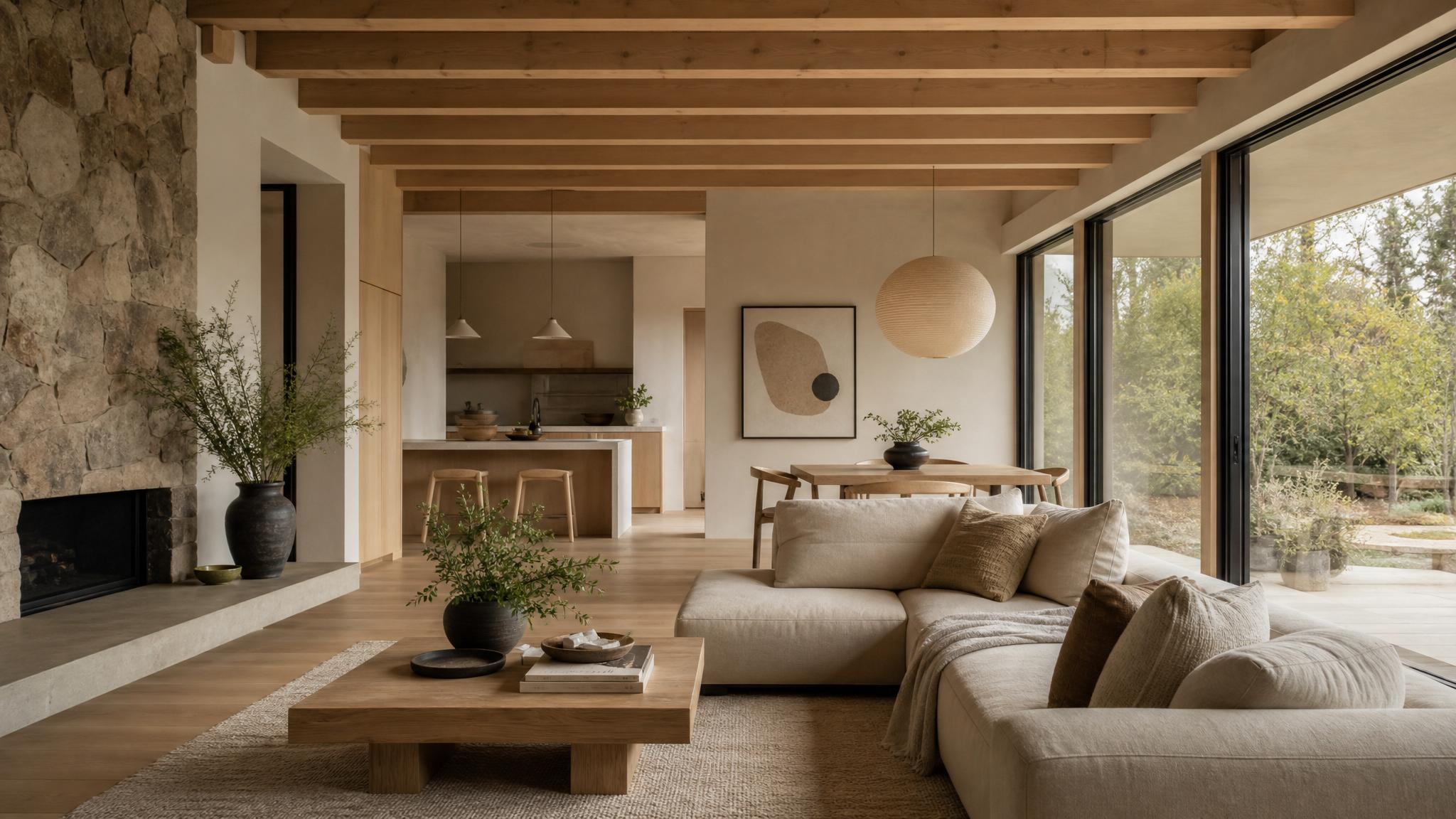A serene Japandi open-plan living room featuring neutral colors and natural materials.