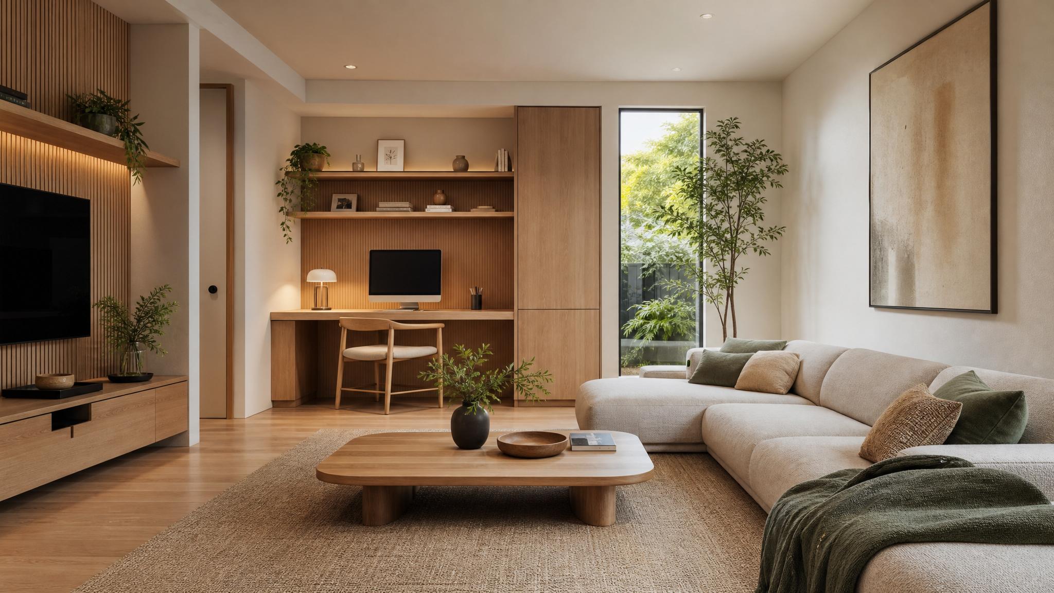 Render of a virtual staged Japandi living room with integrated workspace and cozy seating.
