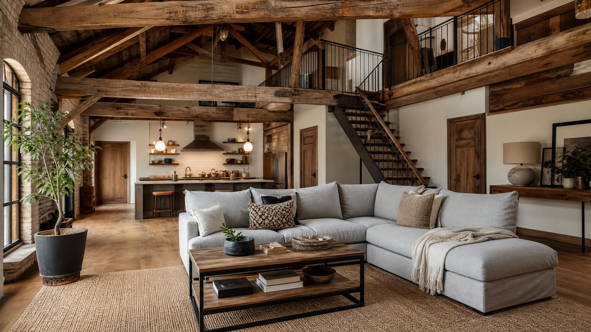 Image of a rustic loft living room with wooden beams and a cozy couch.