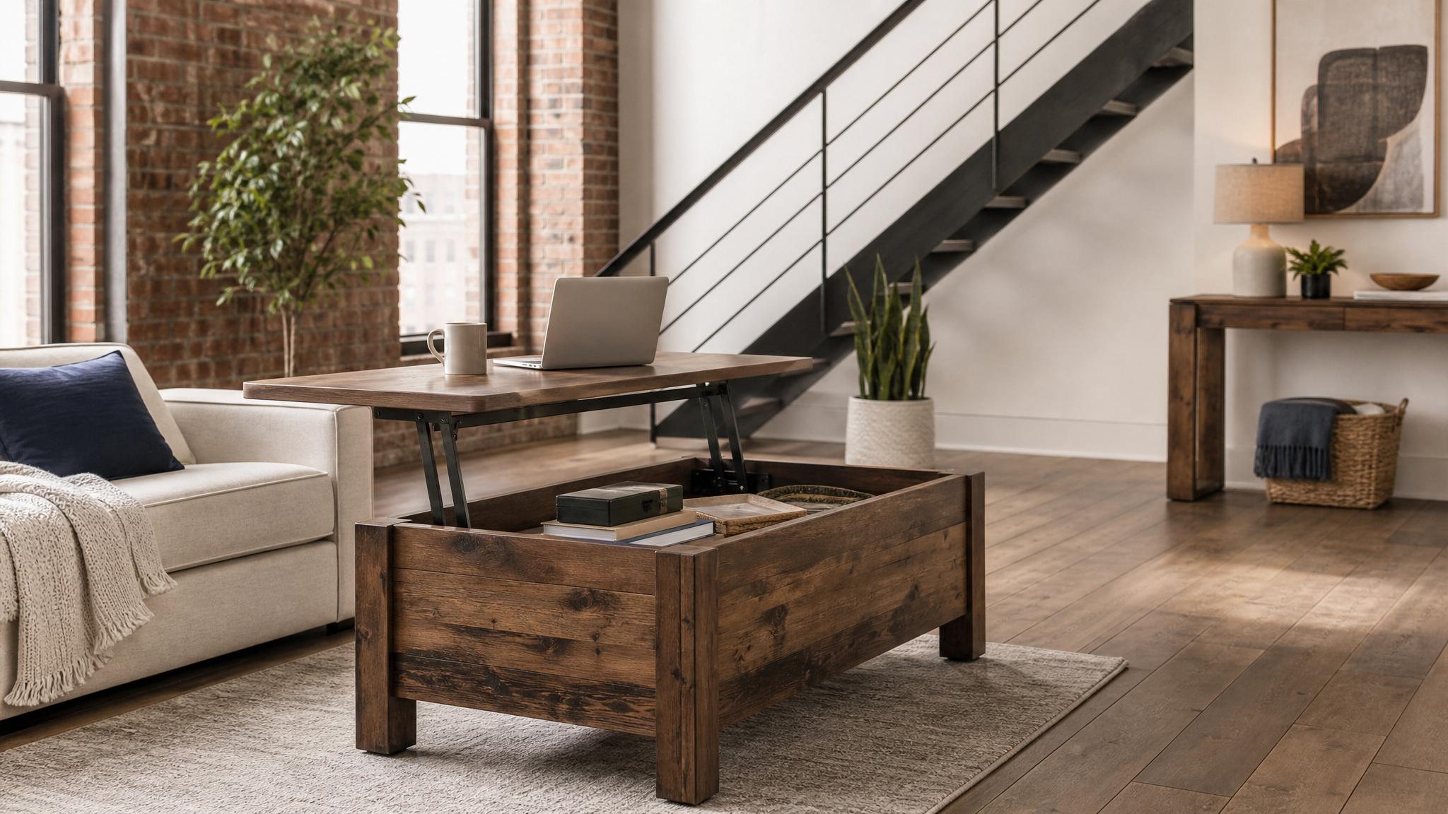 Image of a multifunctional rustic furniture piece in a small loft living room.