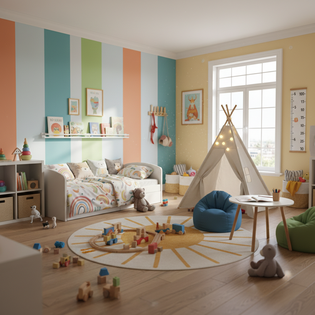 A warm, inviting kids' bedroom with toys and bright colors