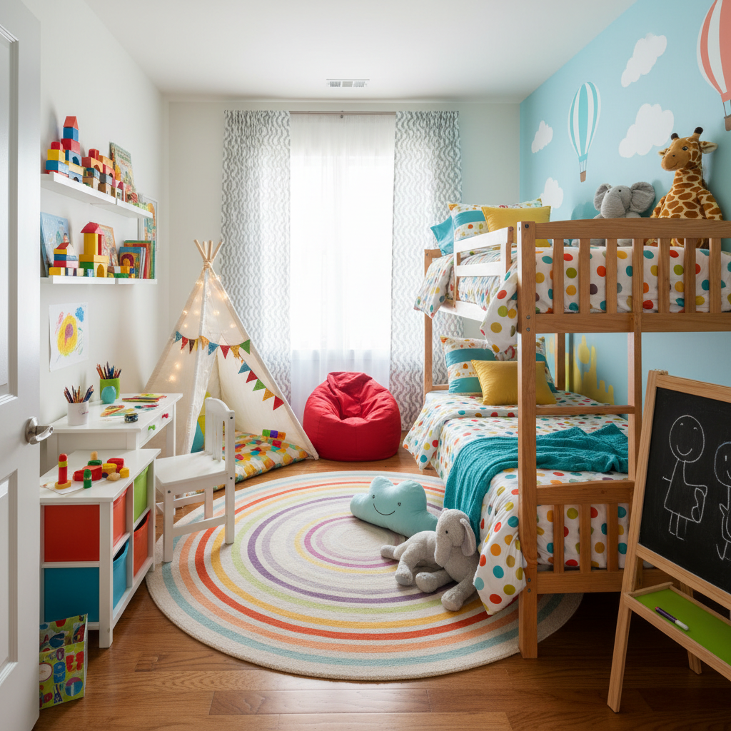 A well-staged children's bedroom with colorful decor