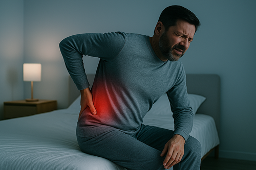 Foto eines Mannes, der auf dem Bett sitzt und sich mit schmerzverzerrtem Gesicht, die Hand an die rot leuchtende Lendenwirbelsäule hält