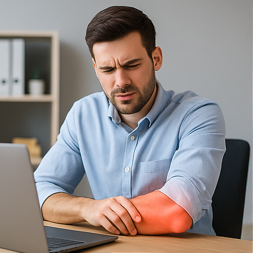 Foto eines Mannes, der sich den rotglühenden Ellbogen mit schmerzvollem Gesicht hält.