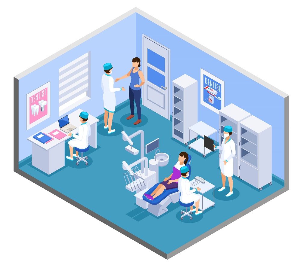 Schematische Darstellung einer Zahnarztpraxis. Man sieht eine Angestellte am Rechner, eine Angestellte im Gespräch mit einem Patienten, sowie zwei Angestellte, die einen Patienten am Zahnarztstuhl behandeln.