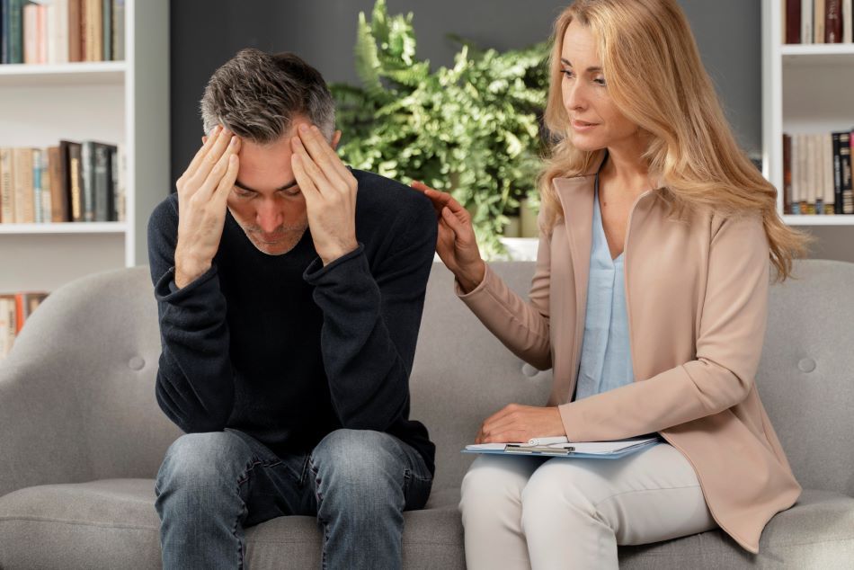 hombre manos cabeza consulta psicóloga estrés trabajo