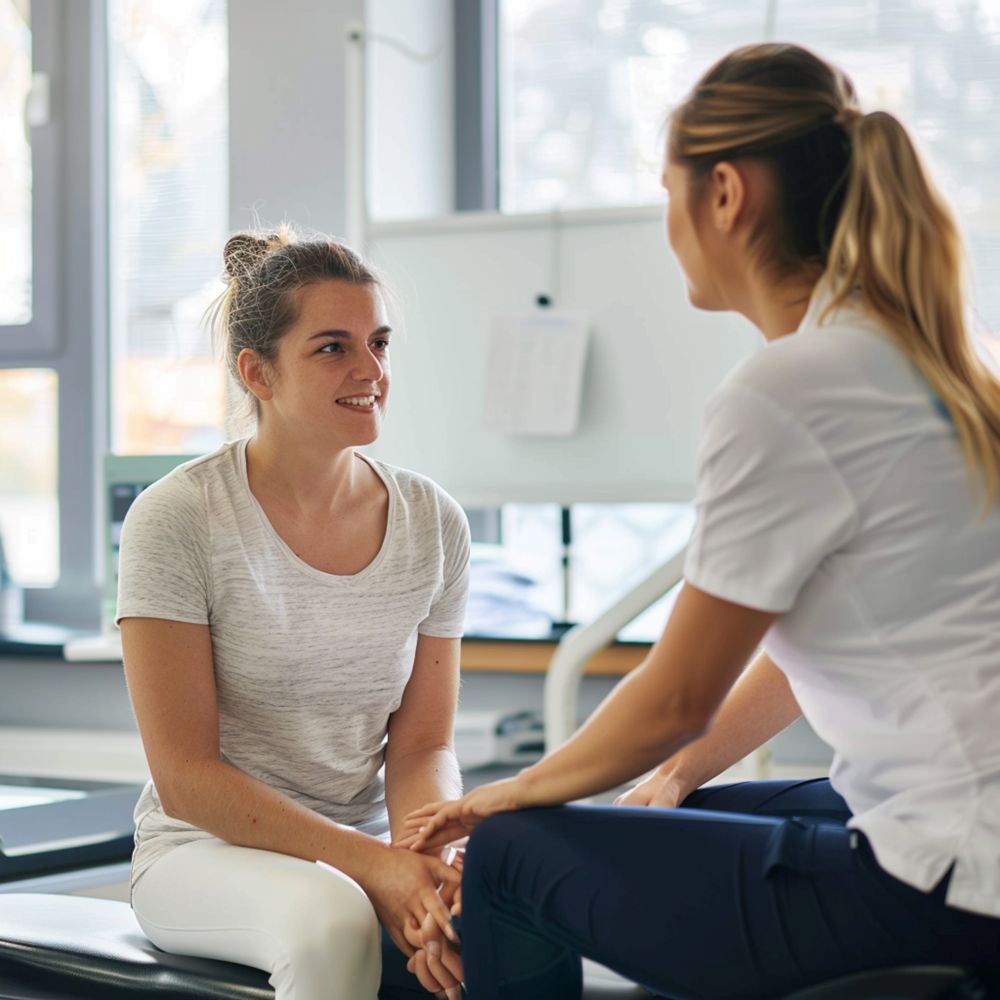 mujer fisioterapeuta sentada hablando con paciente