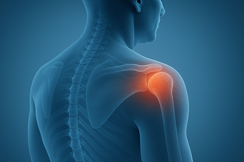 Schematische Darstellung des Rückens eines Mannes, dessen Schultergelenk rot glüht.