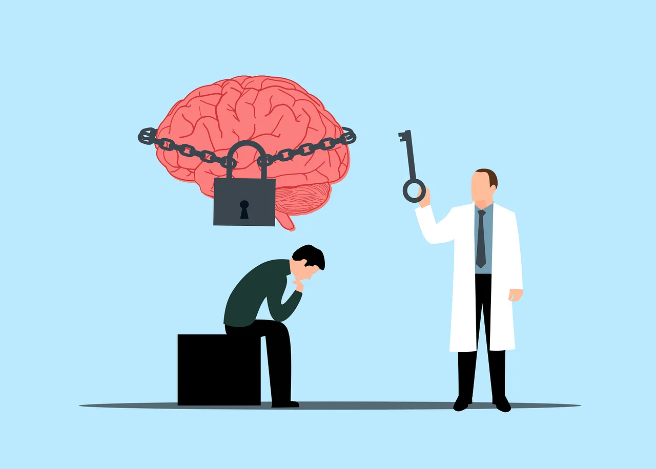 Ein komplett schwarz gekleideter Mann sitzt nachdenklich und deprimiert auf einem schwarzen Block sitzt. Über ihm schwebt sein Gehirn, das mit einem Schloss verschlossen ist. Daneben steht ein Mann in einem weißen Arztkittel und einem Schlüssel