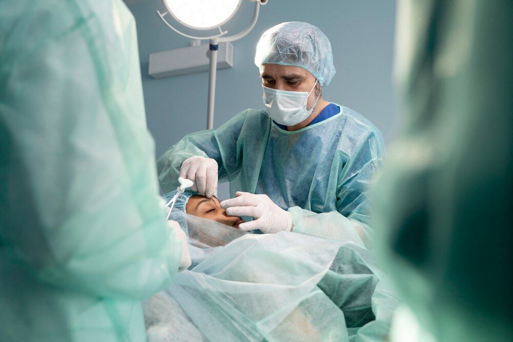 médicos em sala de cirurgia realizando rinoplastia