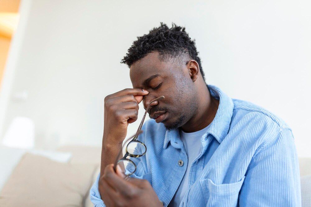 homem afro-americano cansado tirando os óculos exausto massageando a ponte do nariz sofrendo de fadiga ocular após longo trabalho no computador sentindo dor conceito de problema de saúde