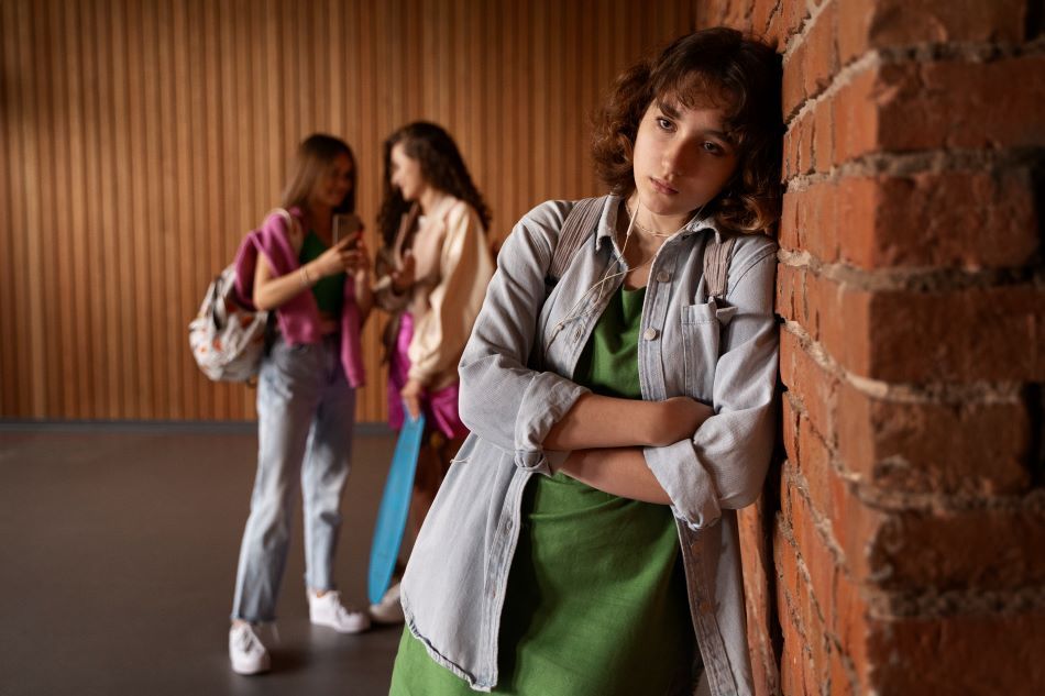 chica triste apoyada pared ladrillos estigma social