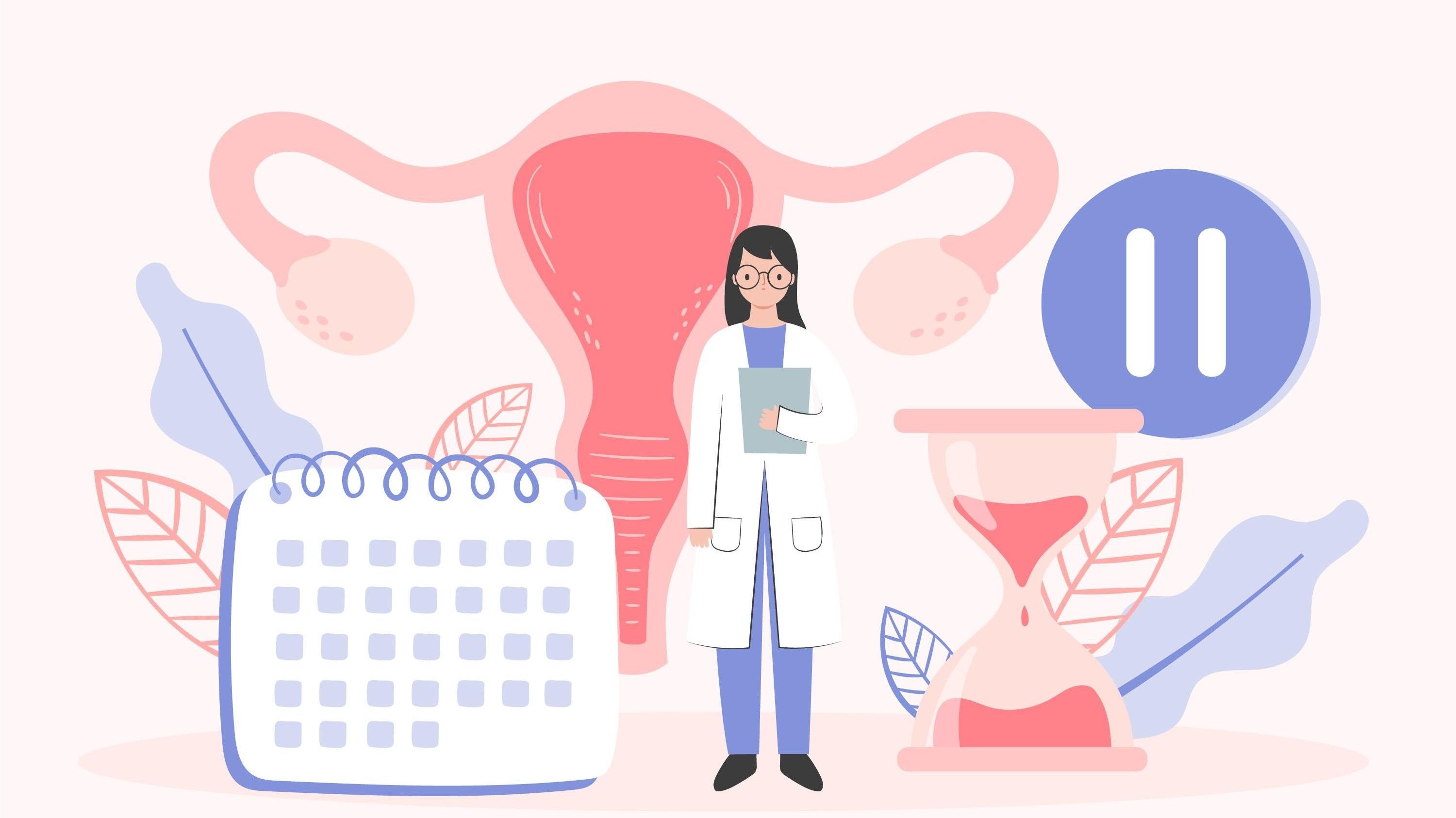 ilustração de uma profissional de saúde e o sistema reprodutor logo atrás