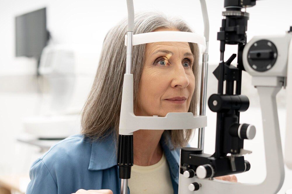 mulher idosa realizando exame oftalmológico com biomicroscópio de lâmpada de fenda