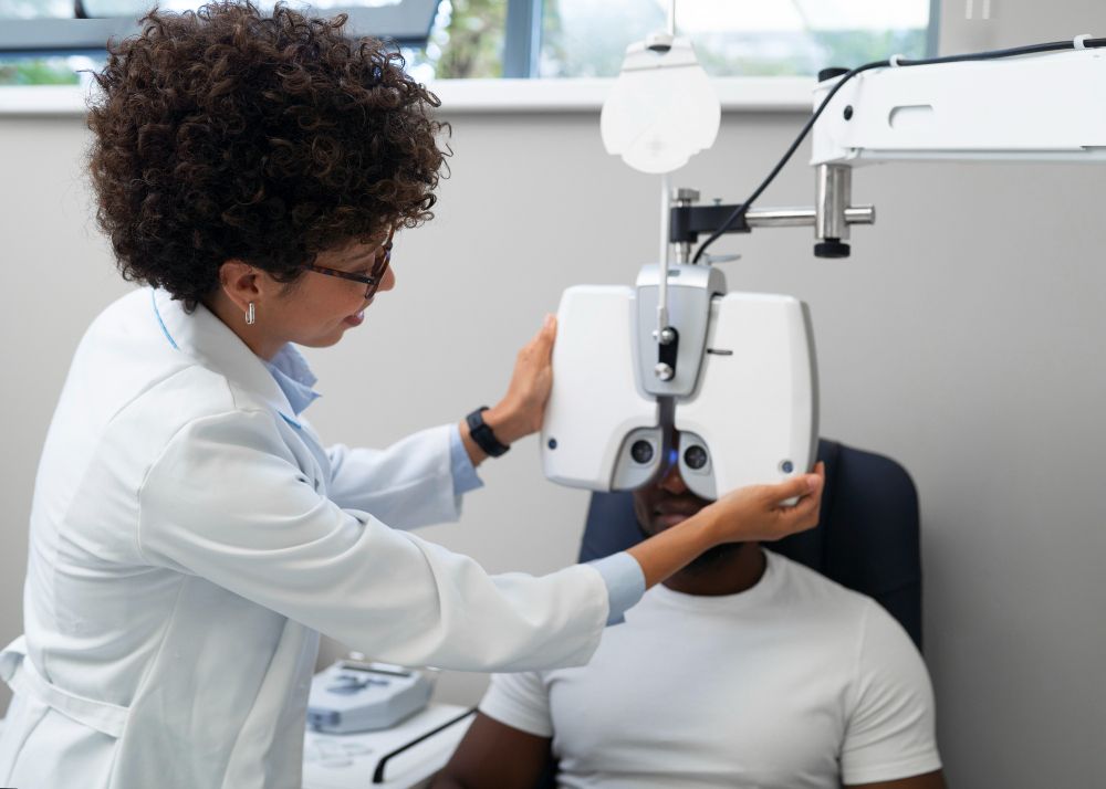 Oftalmologista avaliando paciente
