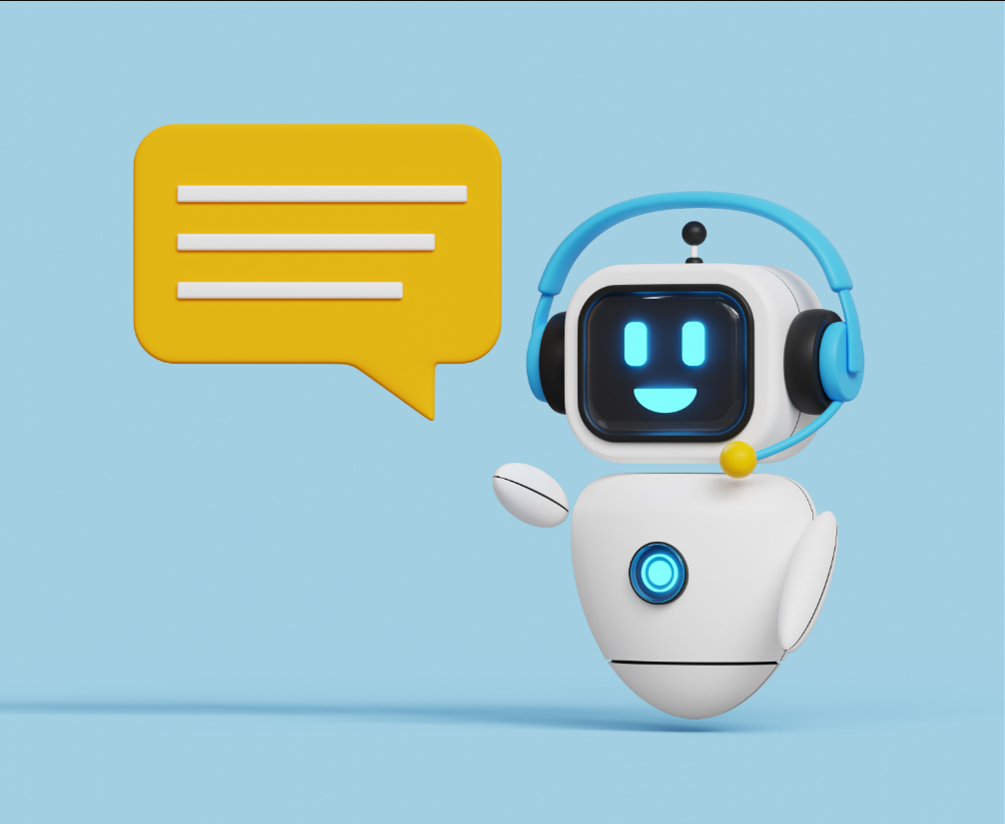 Hier wird ein lächelnder Roboter gezeigt mit einer gelben Sprechblase. Dies symbolisiert künstliche Intelligenz.