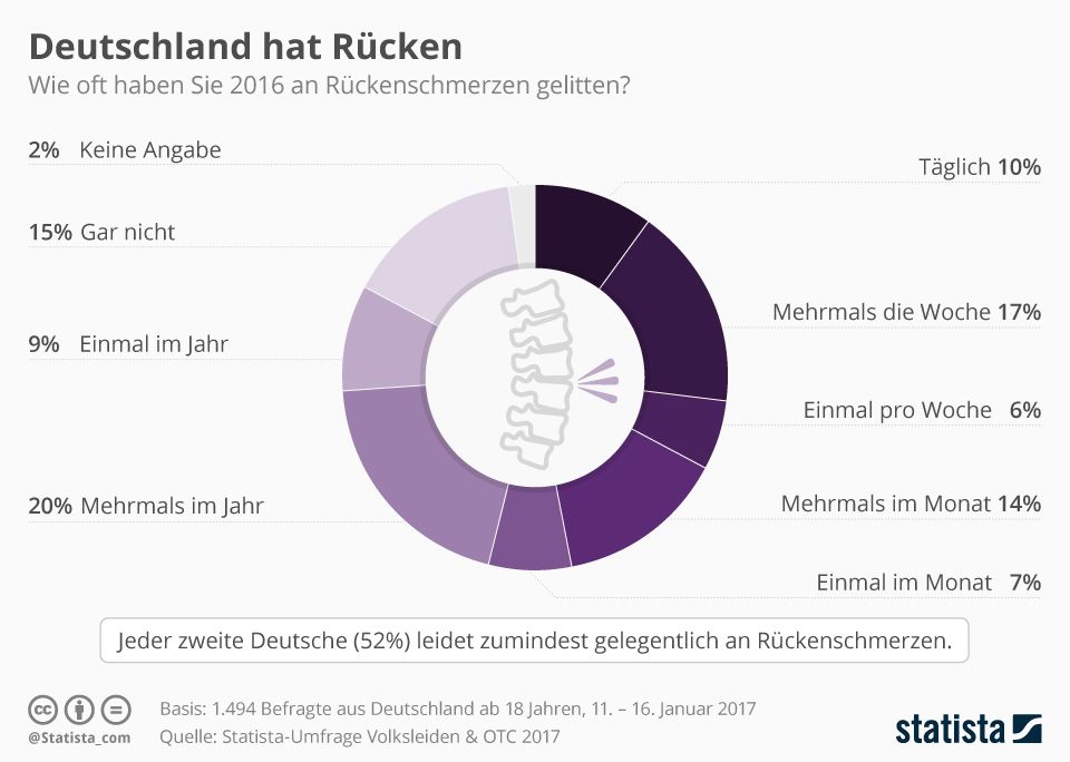 Ein Tortendiagram in dem die Rückenschmerzen in Deutschland im Jahr 2016 angegeben werden. daraus hervorgehend ist, dass 52 % der Deutschen immer wieder Rückenschmerzen haben.
