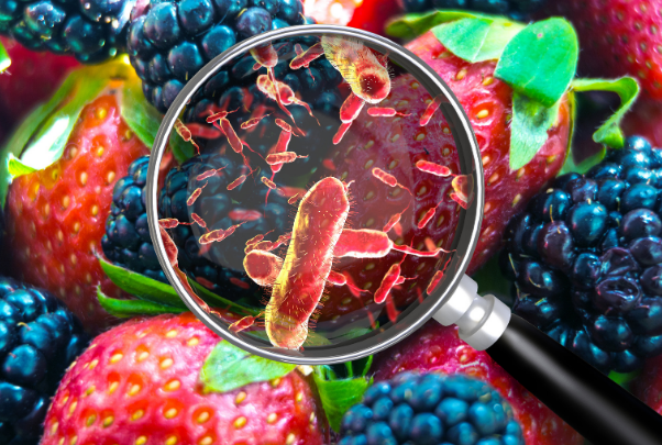 Zoom su dei frutti rossi pieni di germi e batteri 