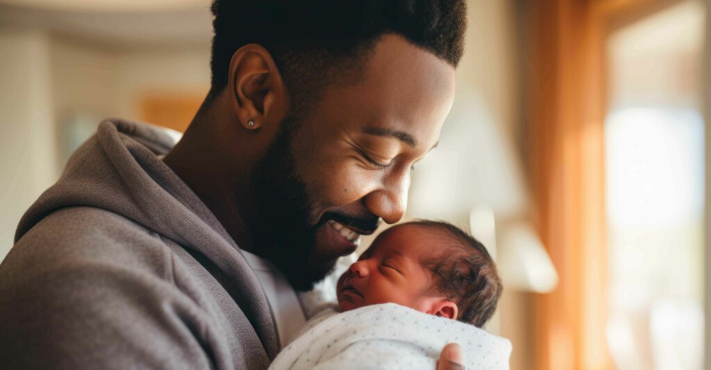 Padre con in braccio suo figlio