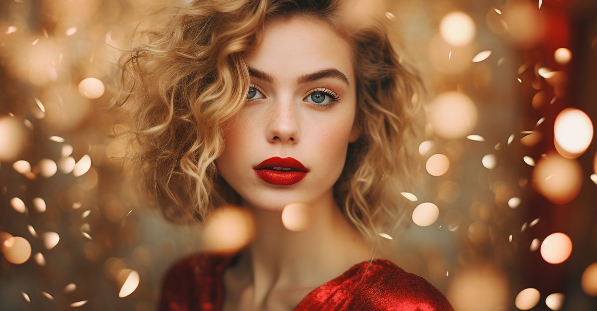 ragazza truccata a festa con rossetto rosso