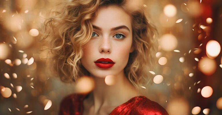 ragazza truccata a festa con rossetto rosso