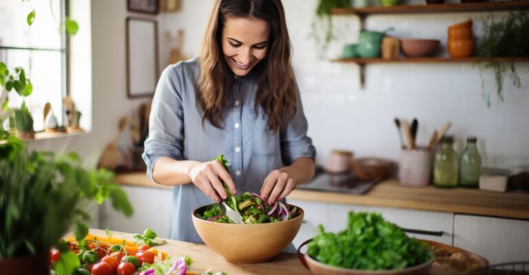 donna in cucina prepara un'insalata