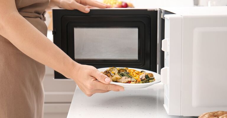 ragazza mette un piatto nel microonde