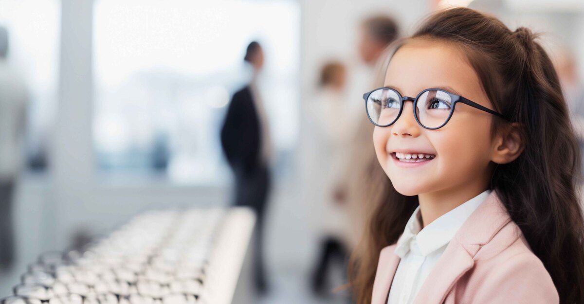 Bambina con occhiali da vista che sorride all'interno di un ottico