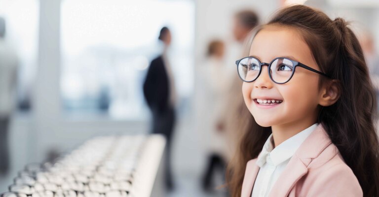 Bambina con occhiali da vista che sorride all'interno di un ottico