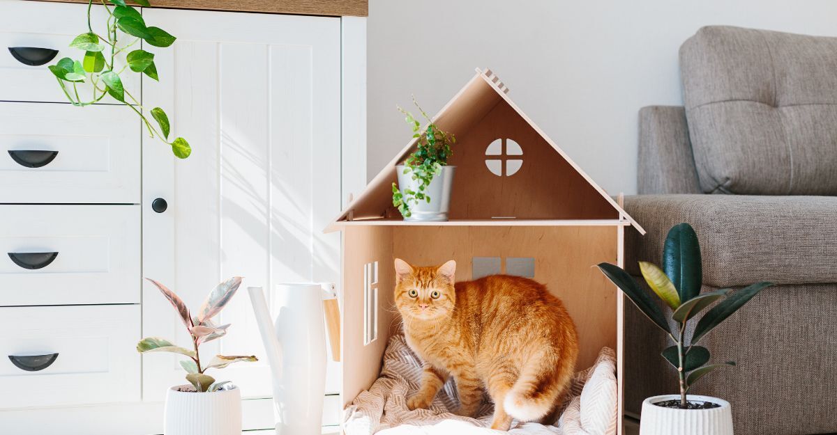 gatto nella sua casetta