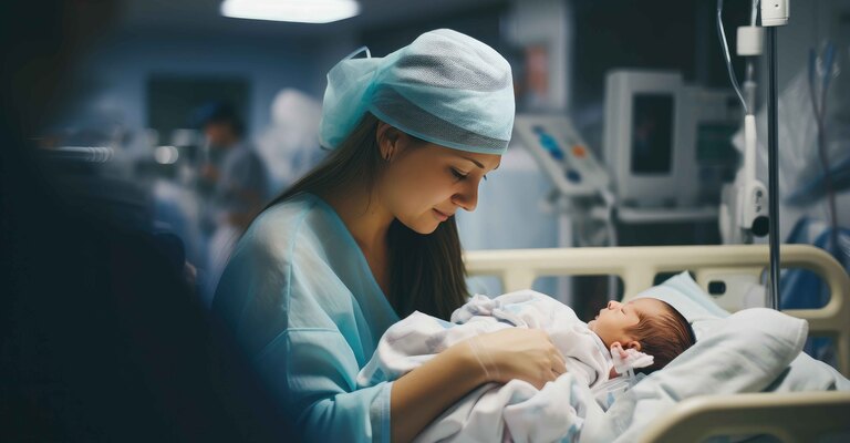 Ostetrica accudisce neonato in ospedale