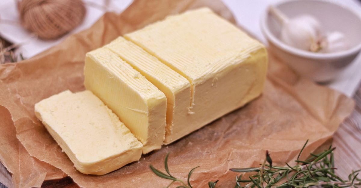 Panetto di burro tagliato su tavolo