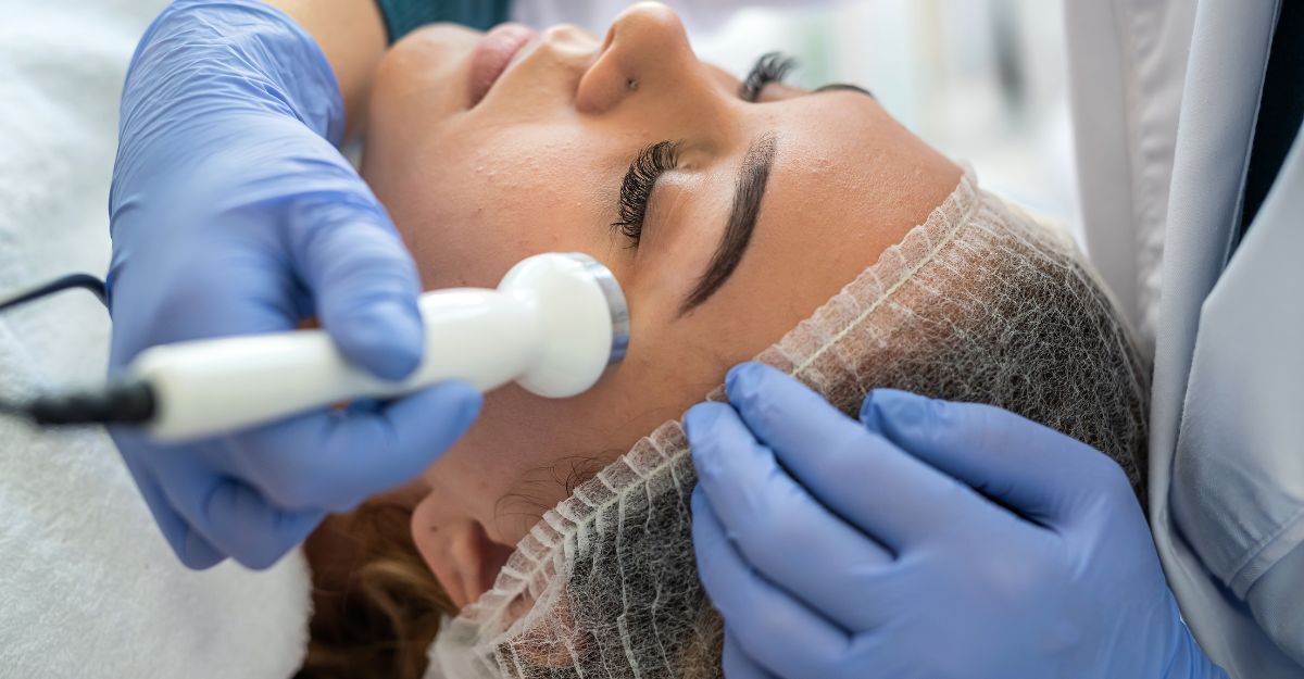 Una donna si fa eseguire sul viso un trattamento di cavitazione a ultrasuoni