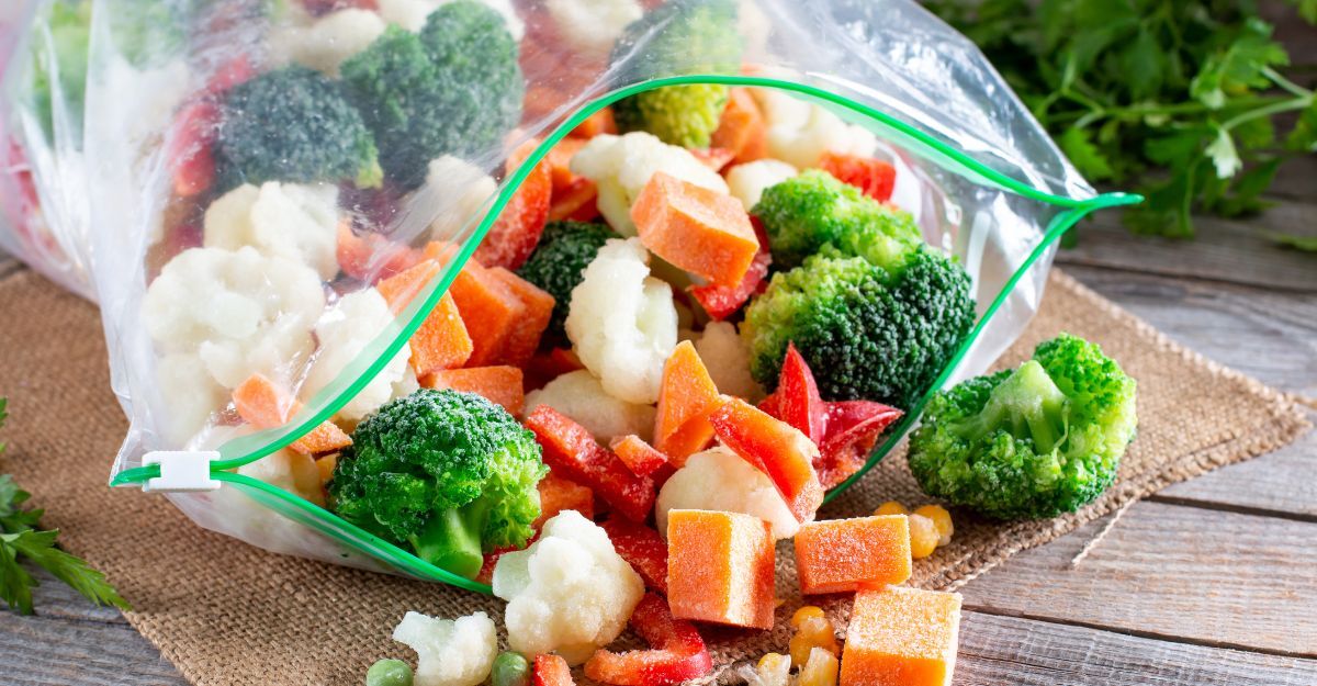 Verdure congelate che escono da una bustina di plastica per alimenti