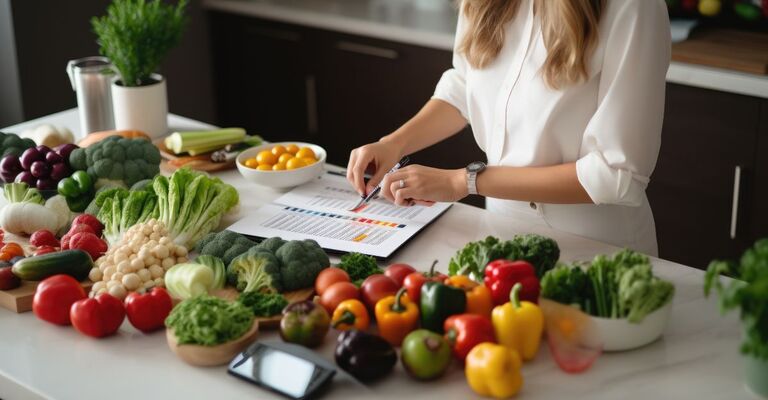 ragazza in cucina con tante verdure sul piano da lavoro