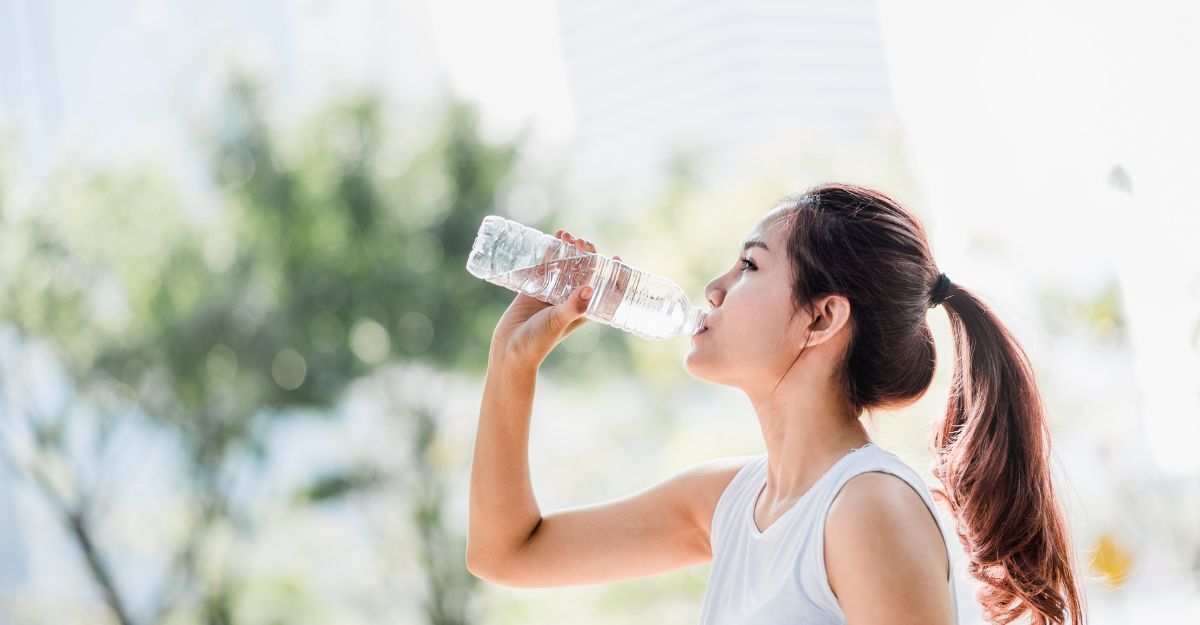 Donna beve da una bottiglia d'acqua di plastica