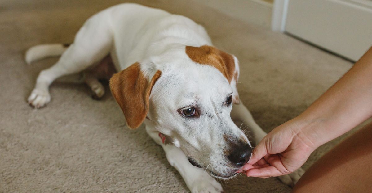 Mano dà qualcosa da mangiare a un cane sdraiato