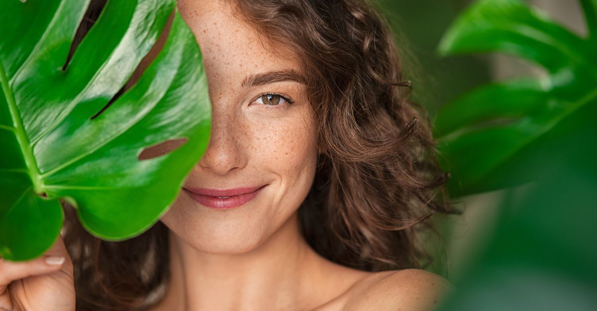 Donna con viso coperto da pianta che sorride