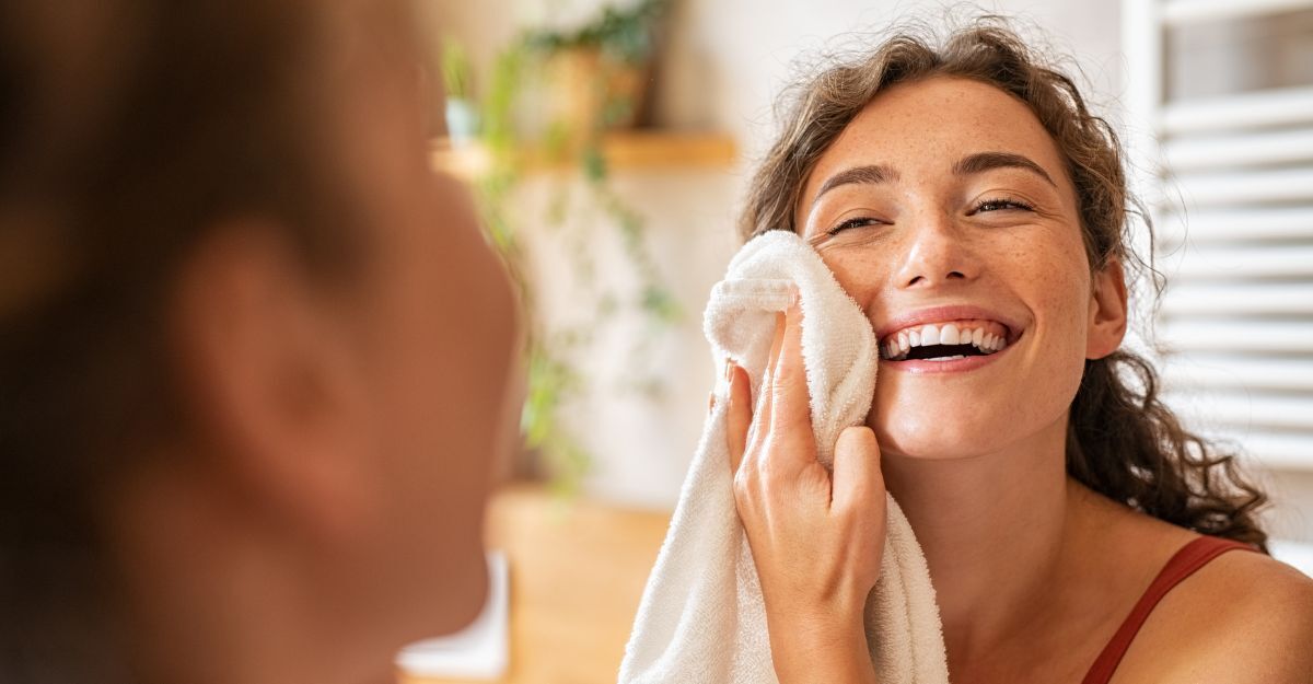 Ragazza sorridendo si asciuga il viso con l'asciugamano