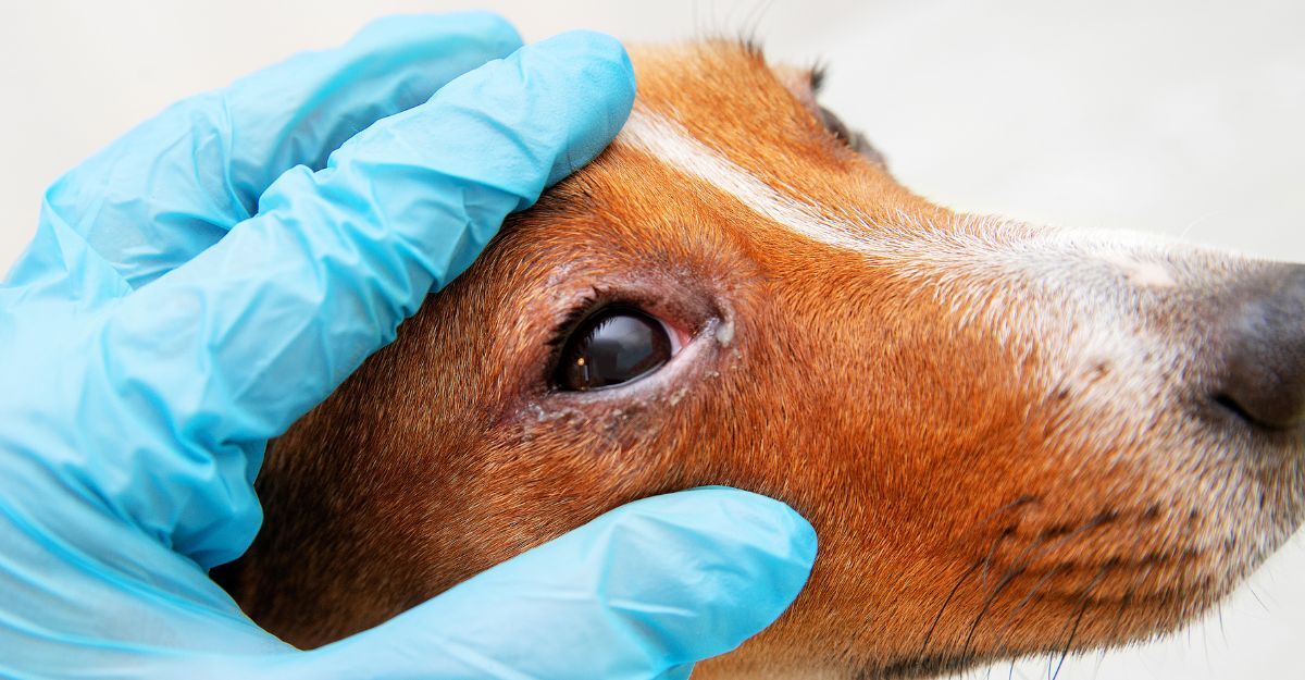 Cane visitato da una mano con guanto per occhio lacrimante