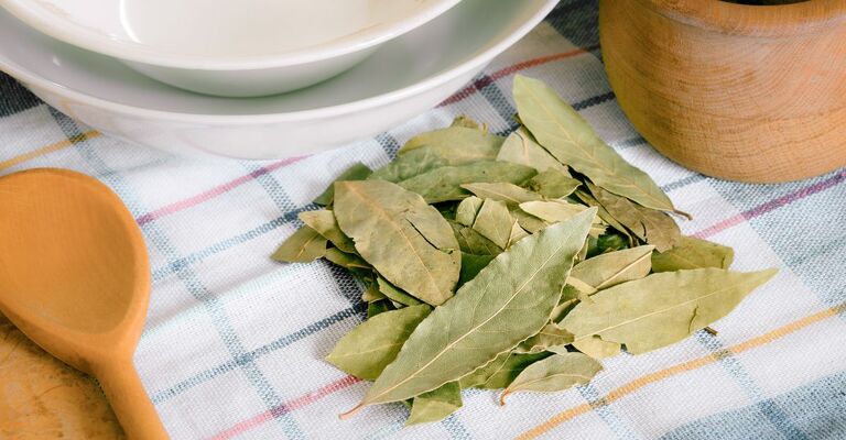 Foglie di alloro su un tavolo in cucina