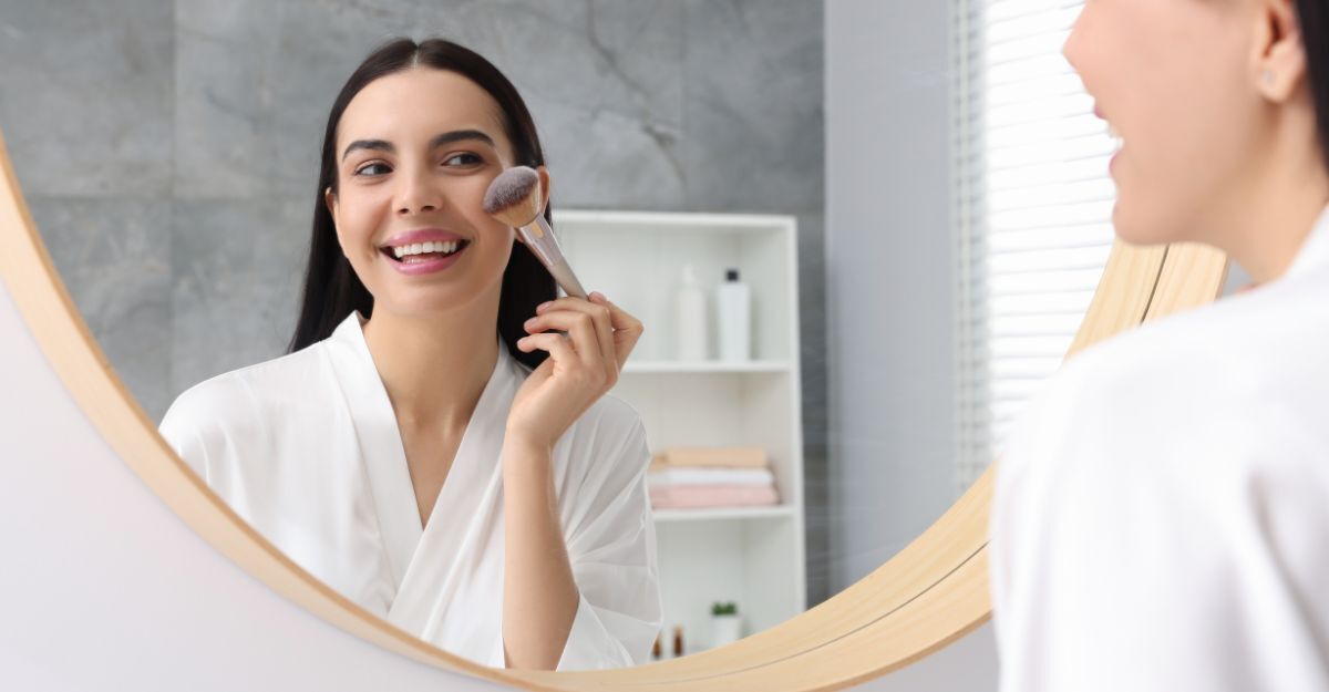 ragazza si trucca allo specchio