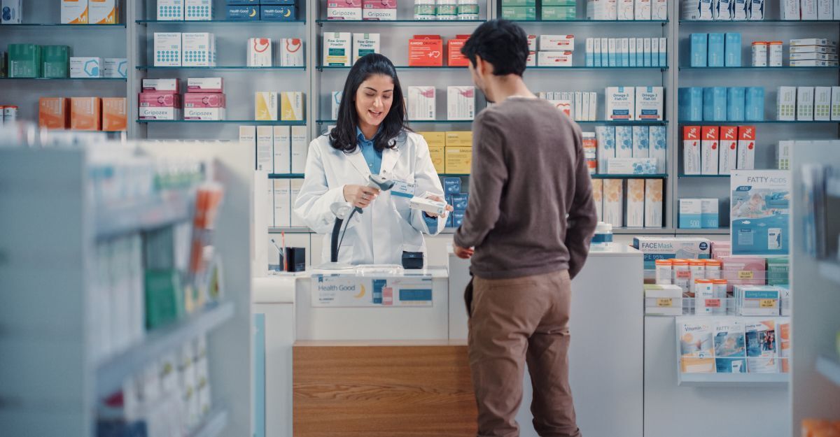 Cliente in farmacia durante l'acquisto di farmaci