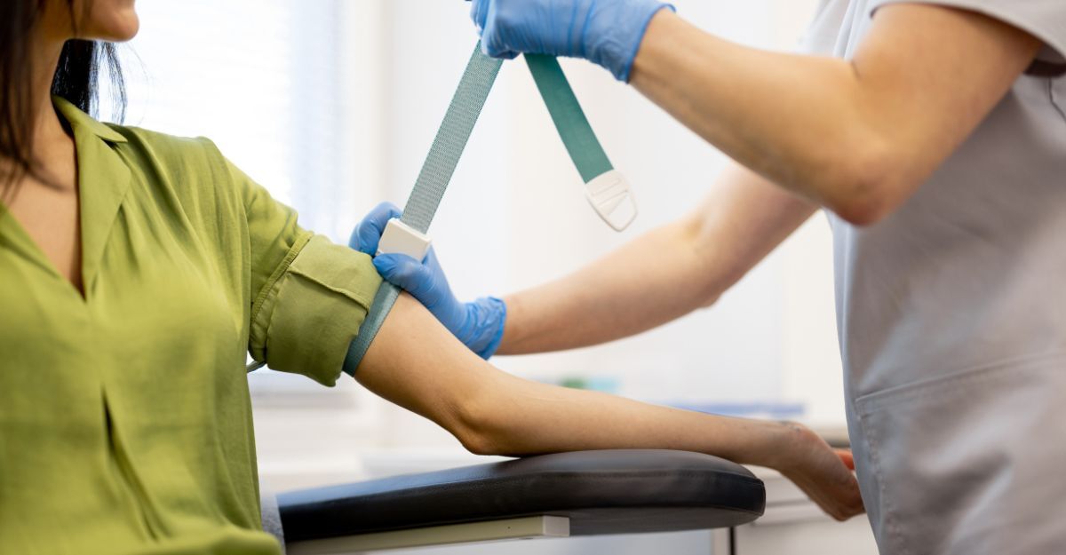 Una donna si fa stringere il braccio con il laccio emostatico prima di farsi prelevare il sangue