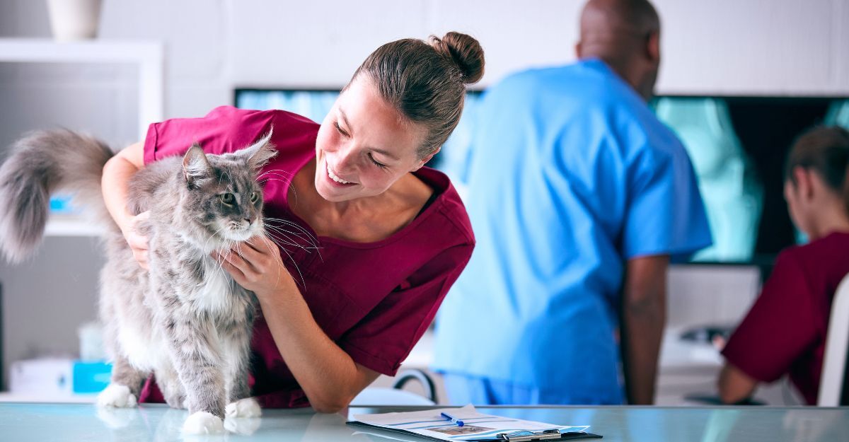 Veterinaria che si prende cura di un gatto