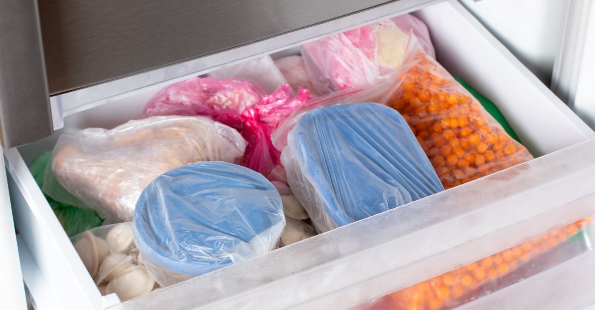 Cassetto del congelatore con alimenti in contenitori o imbustati