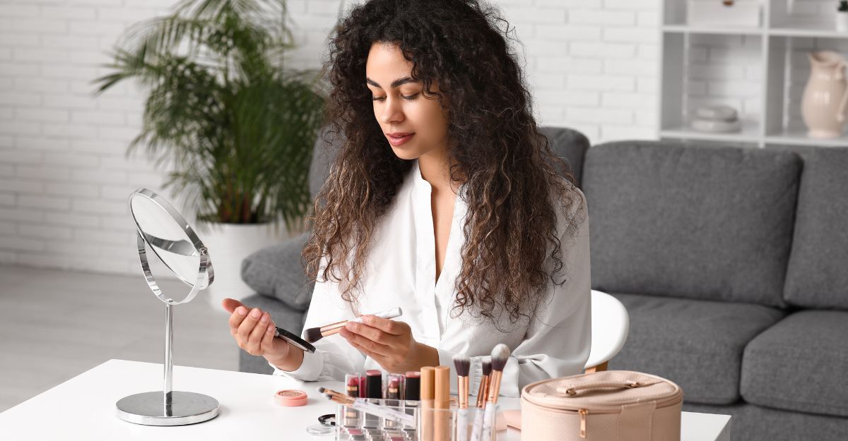 ragazza si fa il make up davanti allo specchio