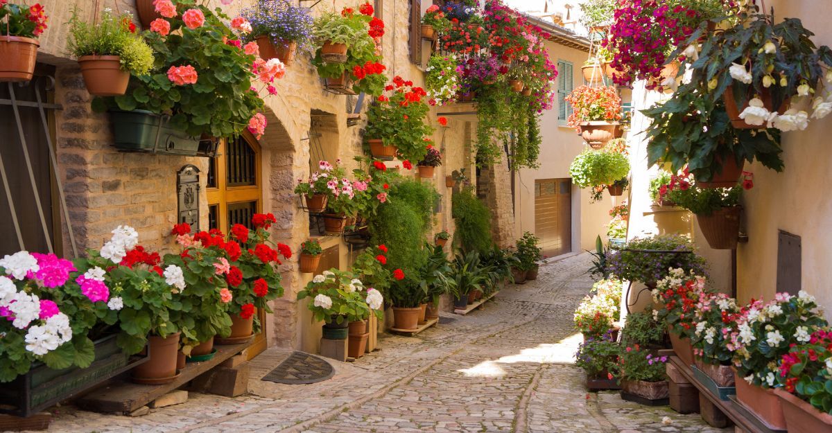 piccola via di un borgo con i fiori appesi alle finestre