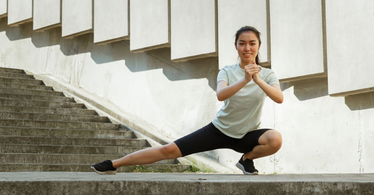Ragazza esegue affondo laterale all'aperto vicino a delle scale