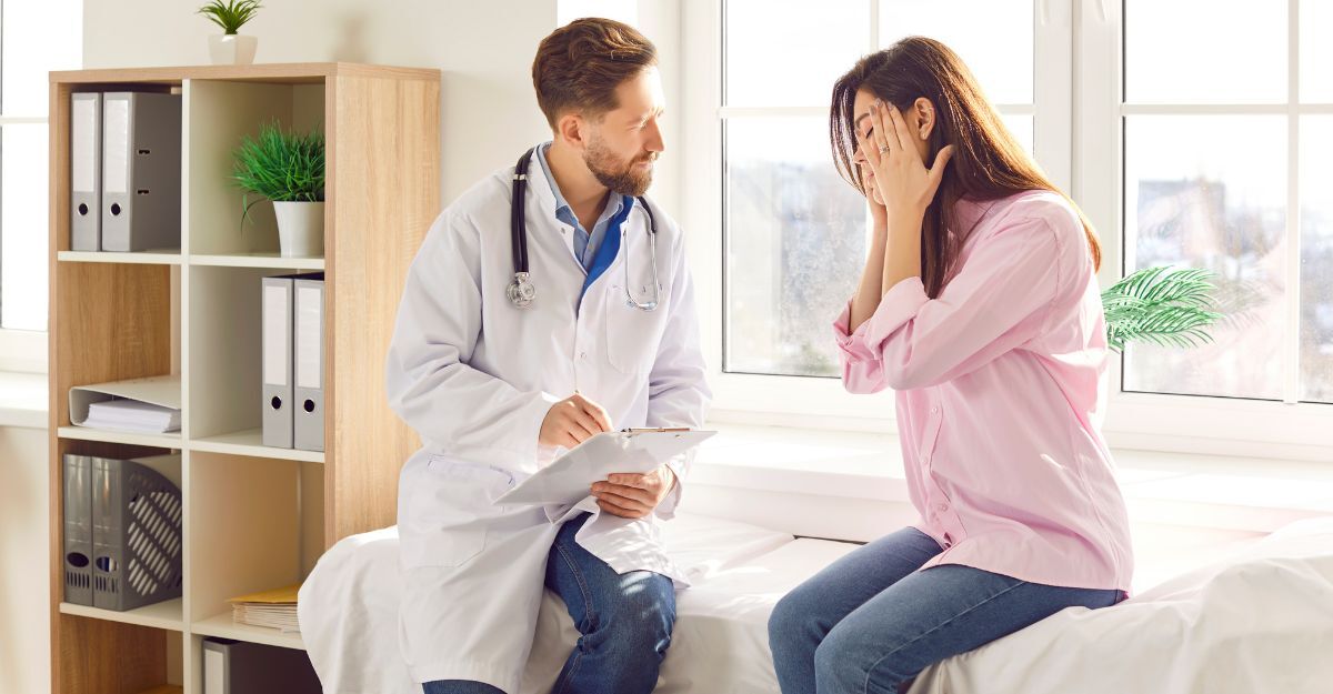 Otorinolaringoiatra visita una paziente che ha dolore alle tempie